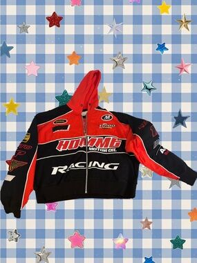 Boohoo Red and Black Racing Hooded Puffer Jacket